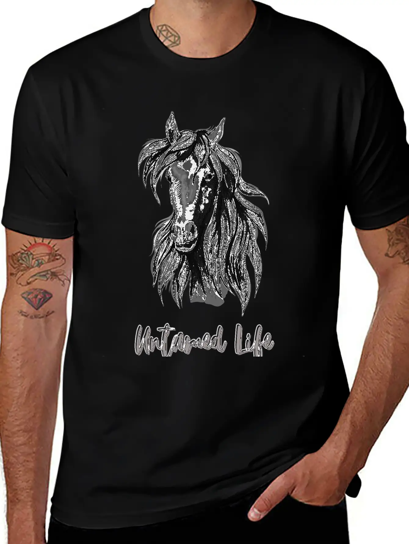 "Untamed Life" Horse Graphic Illustration Design Unisex Short Sleeve Soft Cotton T-Shirt – Casual Everyday Wear