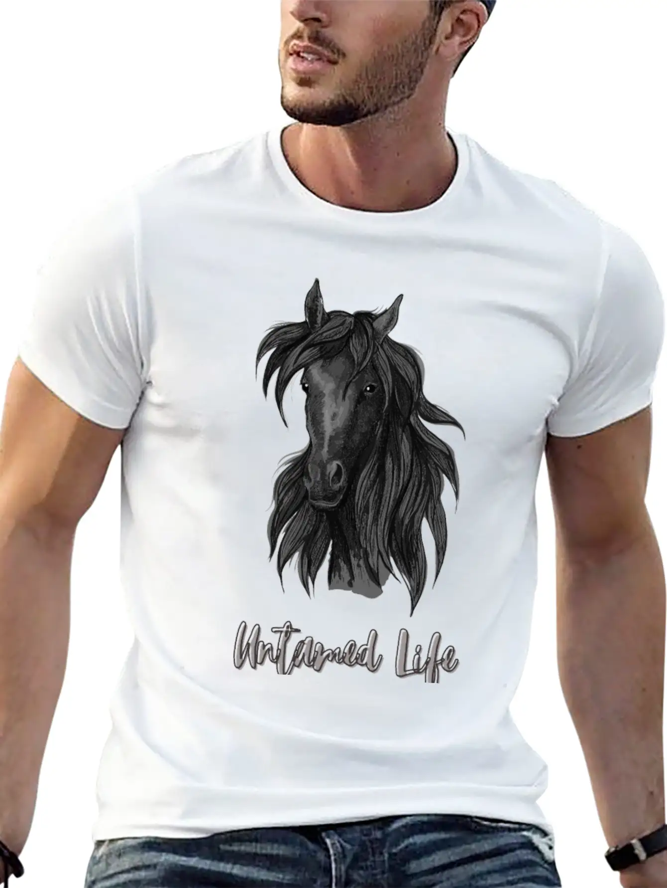 "Untamed Life" Horse Graphic Illustration Design Unisex Short Sleeve Soft Cotton T-Shirt – Casual Everyday Wear