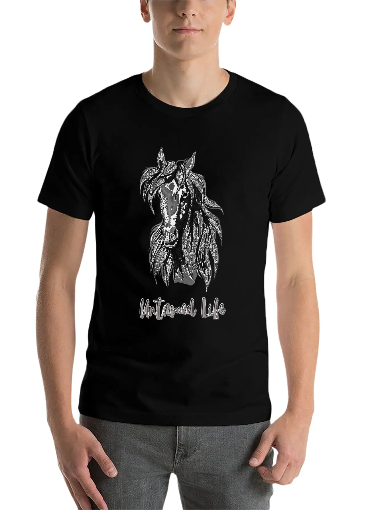 "Untamed Life" Horse Graphic Illustration Design Unisex Short Sleeve Soft Cotton T-Shirt – Casual Everyday Wear