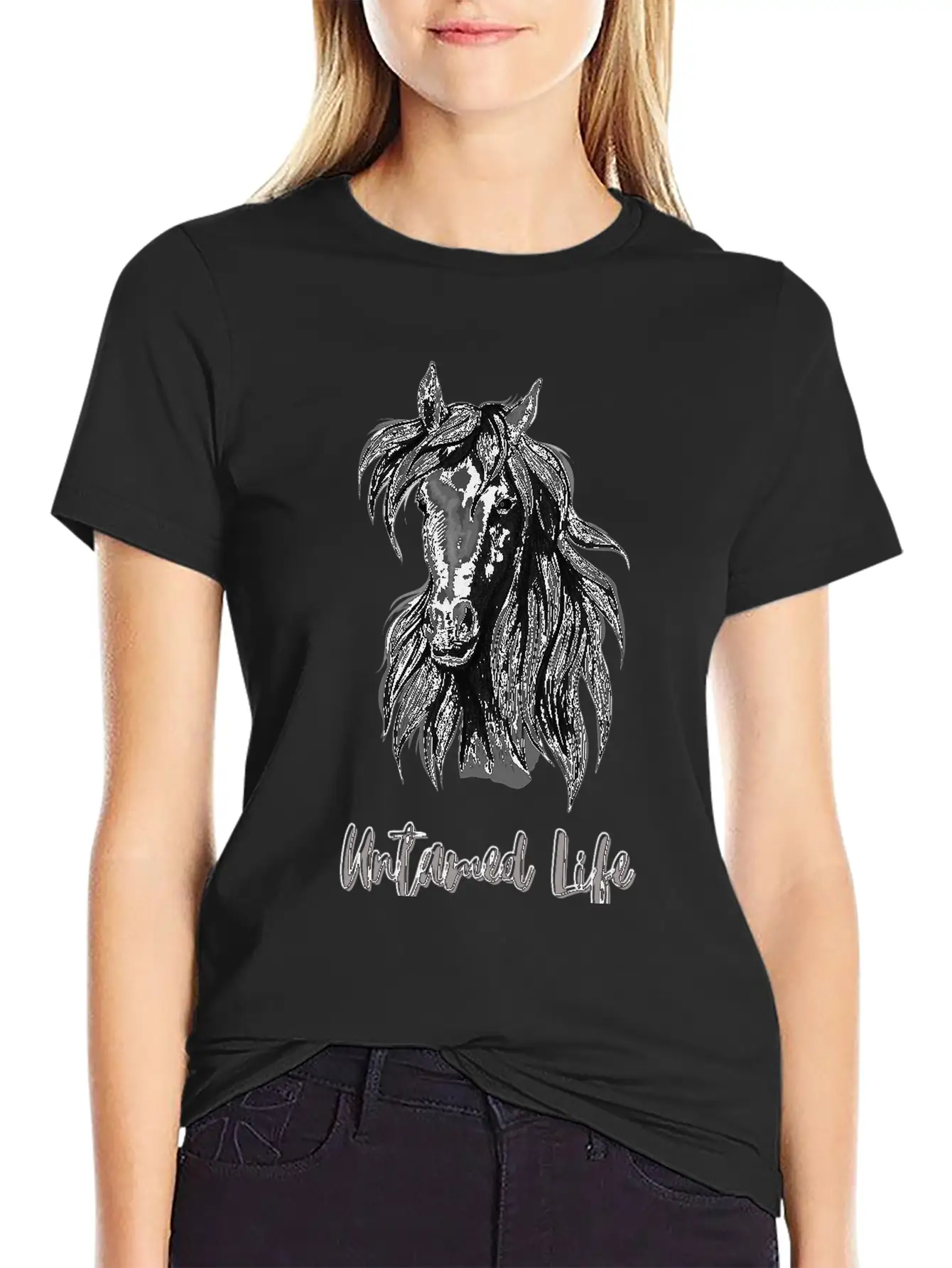 "Untamed Life" Horse Graphic Illustration Design Unisex Short Sleeve Soft Cotton T-Shirt – Casual Everyday Wear