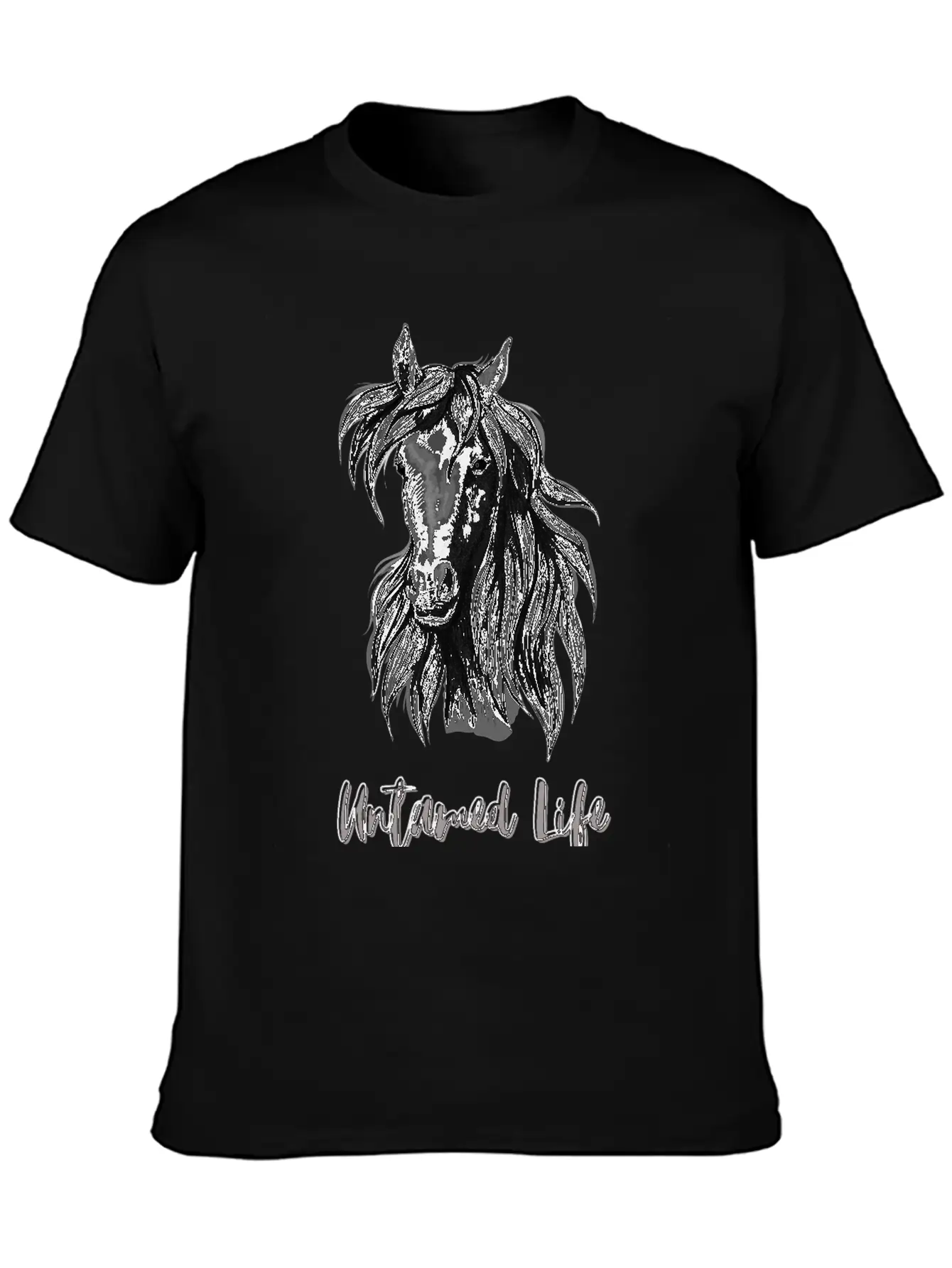"Untamed Life" Horse Graphic Illustration Design Unisex Short Sleeve Soft Cotton T-Shirt – Casual Everyday Wear