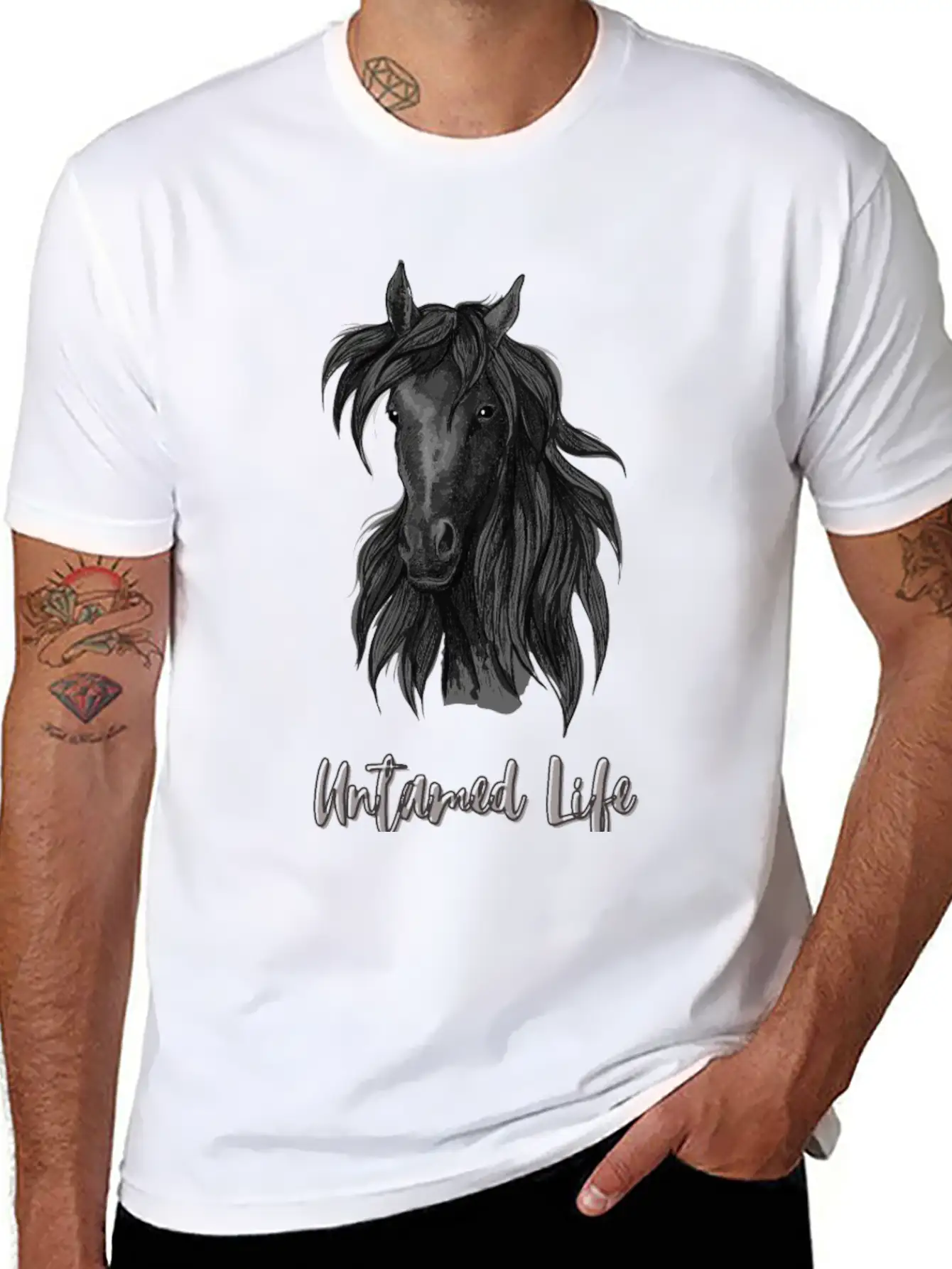 "Untamed Life" Horse Graphic Illustration Design Unisex Short Sleeve Soft Cotton T-Shirt – Casual Everyday Wear