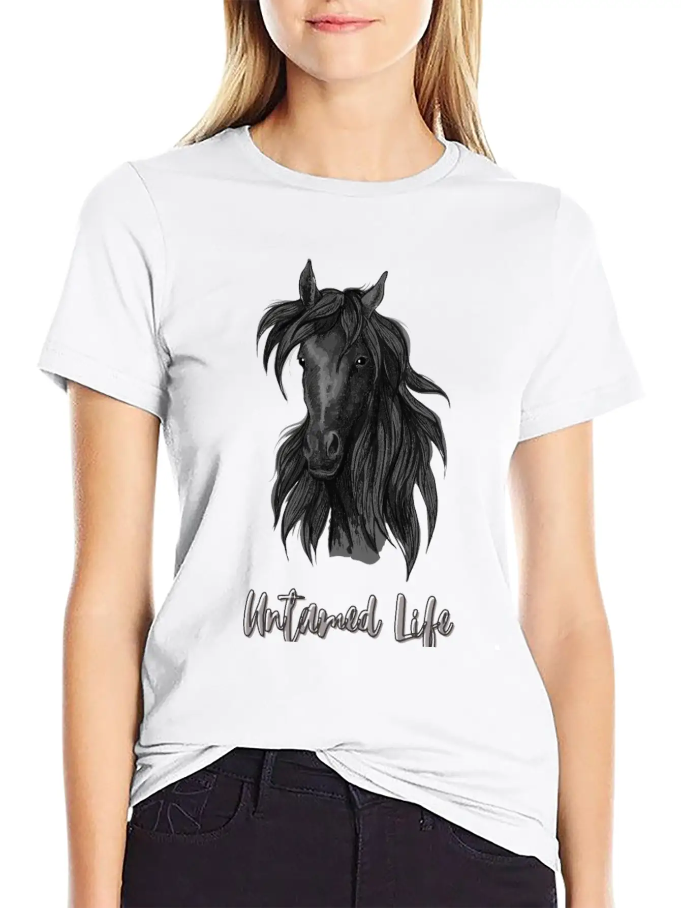 "Untamed Life" Horse Graphic Illustration Design Unisex Short Sleeve Soft Cotton T-Shirt – Casual Everyday Wear