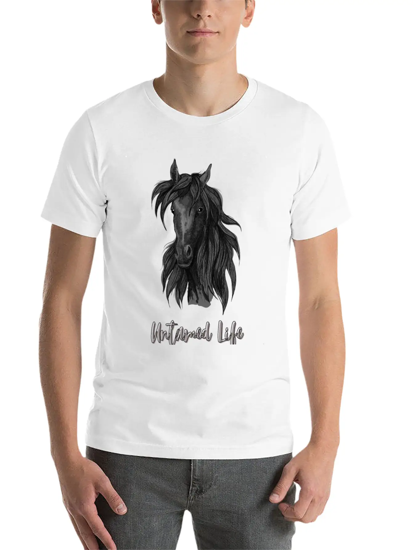 "Untamed Life" Horse Graphic Illustration Design Unisex Short Sleeve Soft Cotton T-Shirt – Casual Everyday Wear
