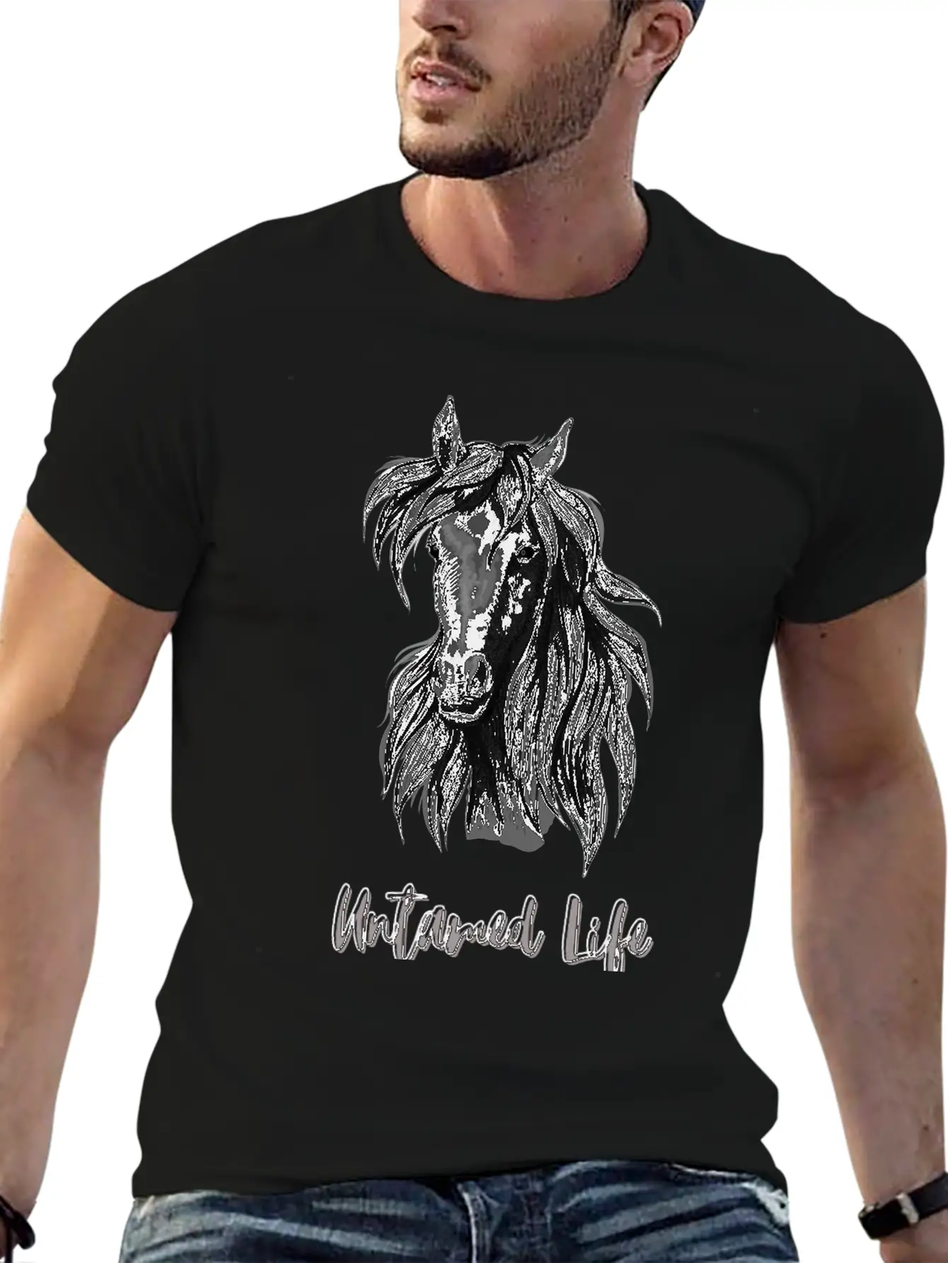"Untamed Life" Horse Graphic Illustration Design Unisex Short Sleeve Soft Cotton T-Shirt – Casual Everyday Wear