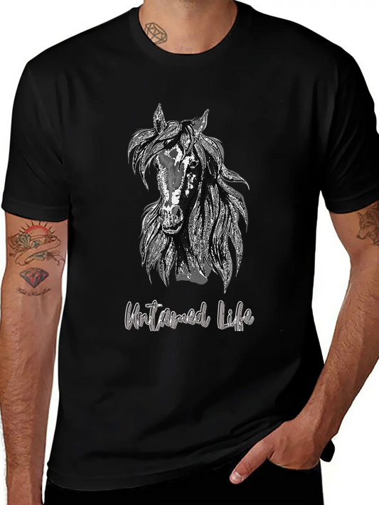 "Untamed Life" Horse Graphic Illustration Design Unisex Short Sleeve Soft Cotton T-Shirt – Casual Everyday Wear